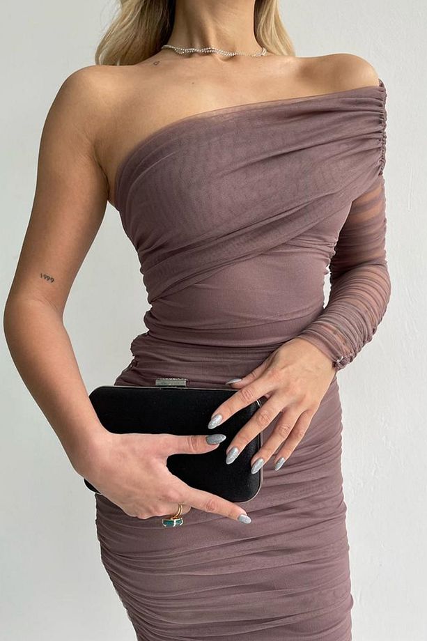 Astarlı Tül Kumaş Tek Kol Detay Slim Fit Dar Kesim Midi Boy Vizon Abiye Elbise 109 - 1