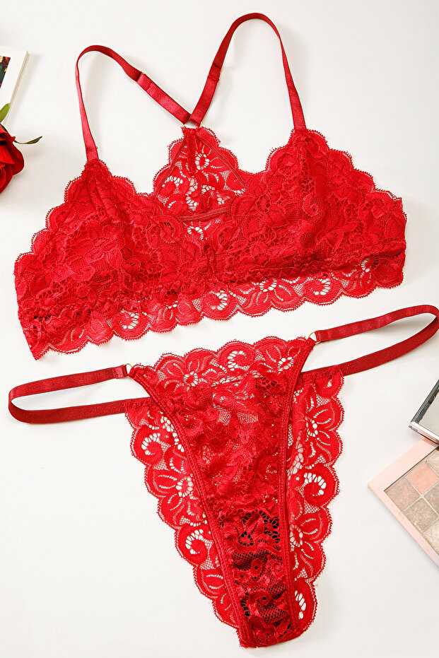 Kadın Kırmızı Sırtı Dantel ve İp Detaylı Şık Sütyen Külot Takımı - 6