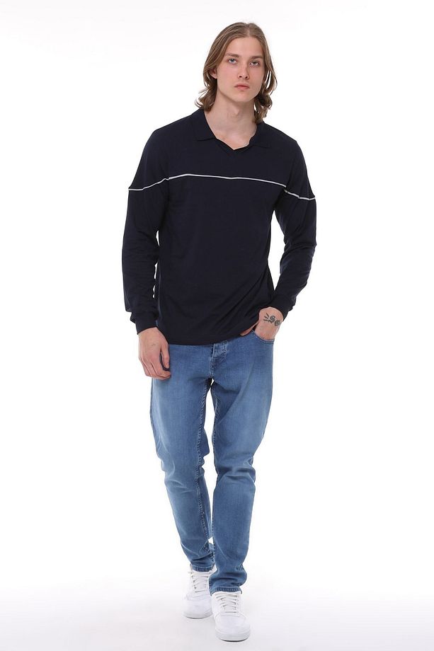 Uzun Kollu T- Shirt Penye Polo Yaka %100 Pamuk Lacivert Erkek - 5