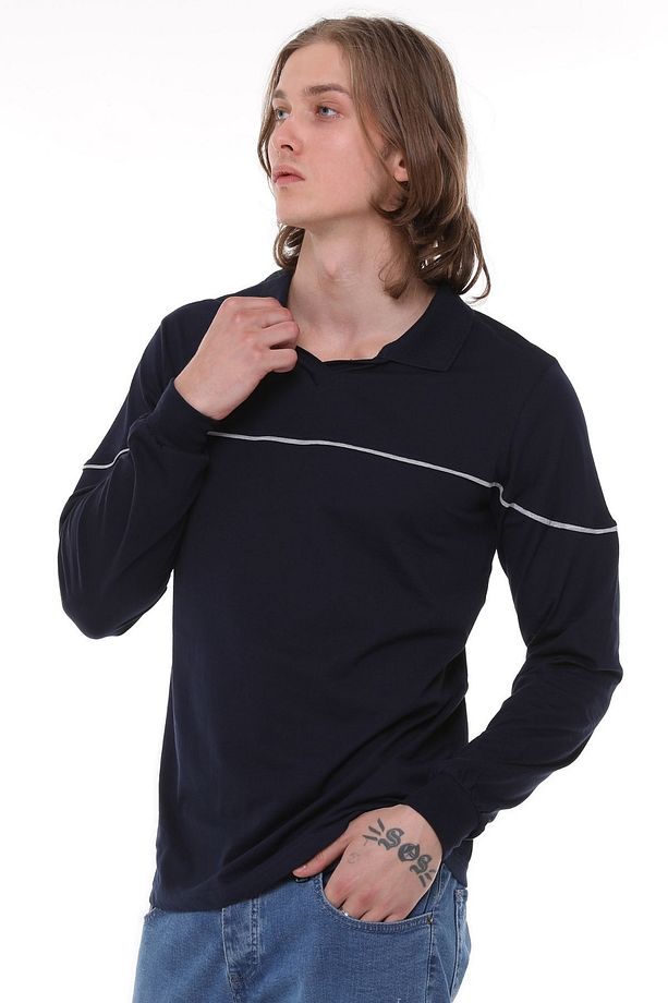 Uzun Kollu T- Shirt Penye Polo Yaka %100 Pamuk Lacivert Erkek - 7