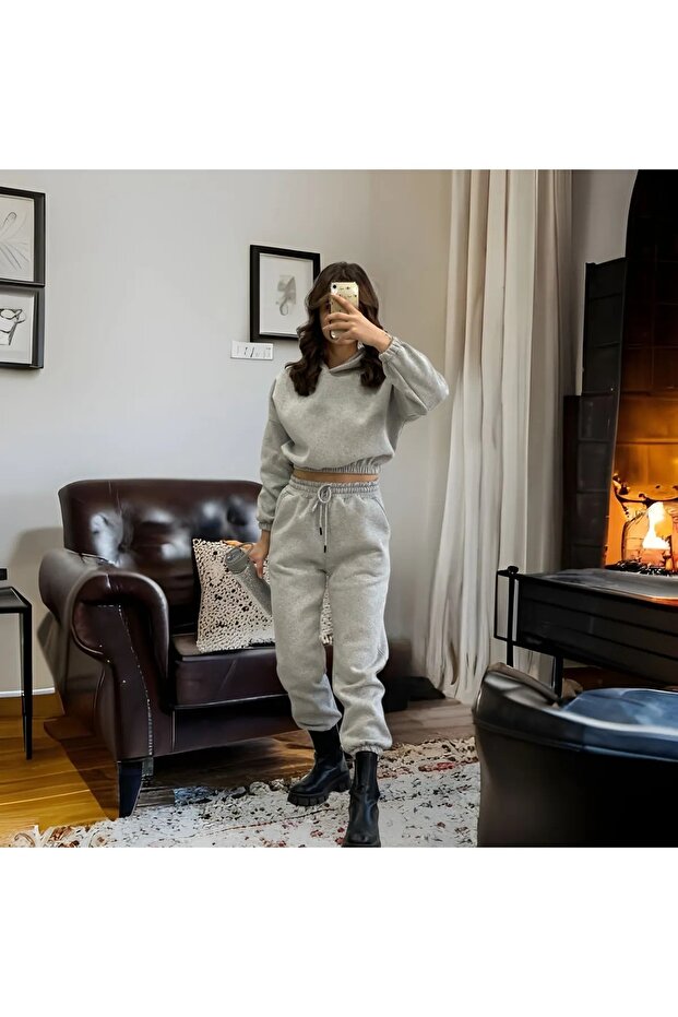 Crop Set Hooded Three Thread Thick Fleece Tracksuit Set - GRAY