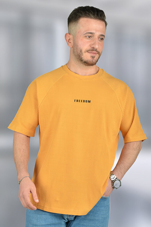 Men's Freedom Printed Tan Oversize T-Shirt Crew Neck Ribbed Fabric Raglan Sleeve