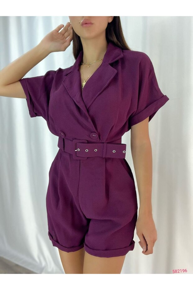 Women's Plum Woven Crepe Fabric Belted Shorts Jumpsuit