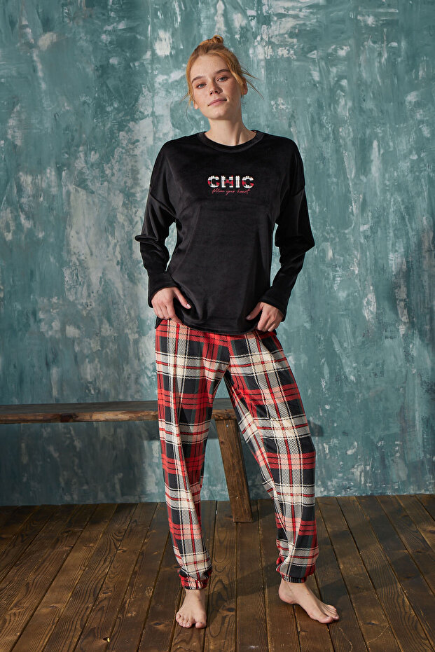 13351-57 Plaid Soft Velvet Pajama Set (MOTHER GIRL'S COMBINABLE)