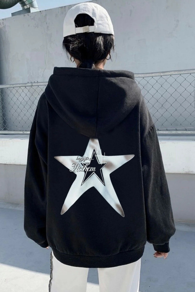 Harajuku Street Oversize Black Hooded Back Printed Acthem Lettered Star Sweatshirt