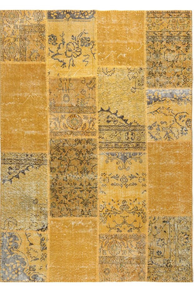 Sarı El Dokuma ve El Dikişli Patchwork Halı