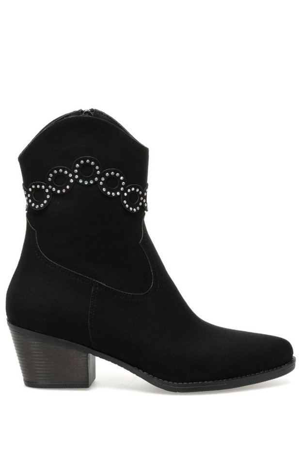 Black Color Stone Detailed Thick Heel 36-37-38-39-40 Size Women's Cowboy Boots