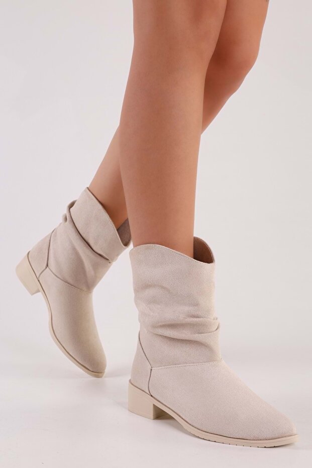 Női Archie bézs szarvasbőr csizma, lapos sarkú csizma bézs velúr - 3