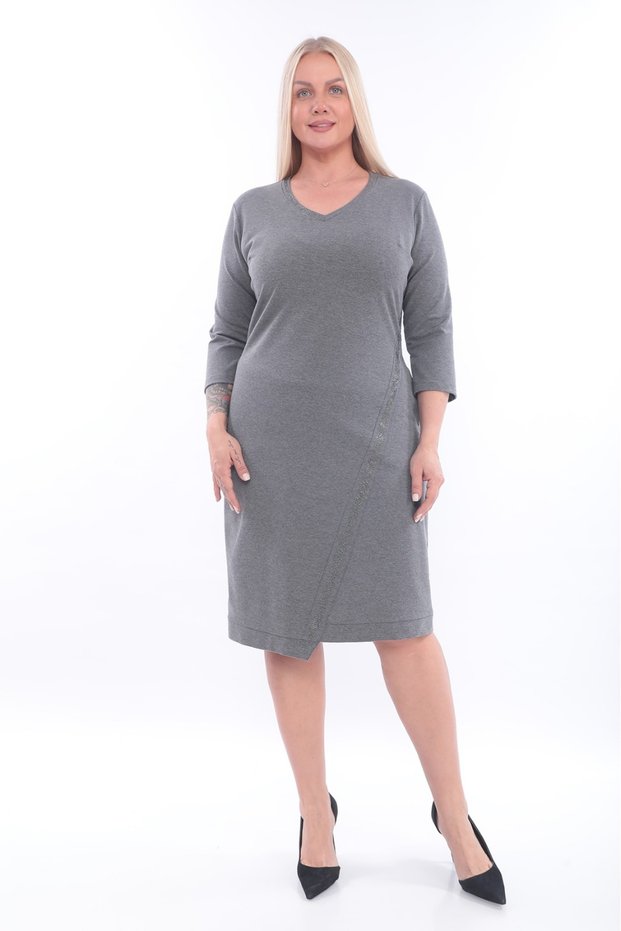 Women's V-Neck Jewelled Stripe Detailed Straight Midi Plus Size Dress