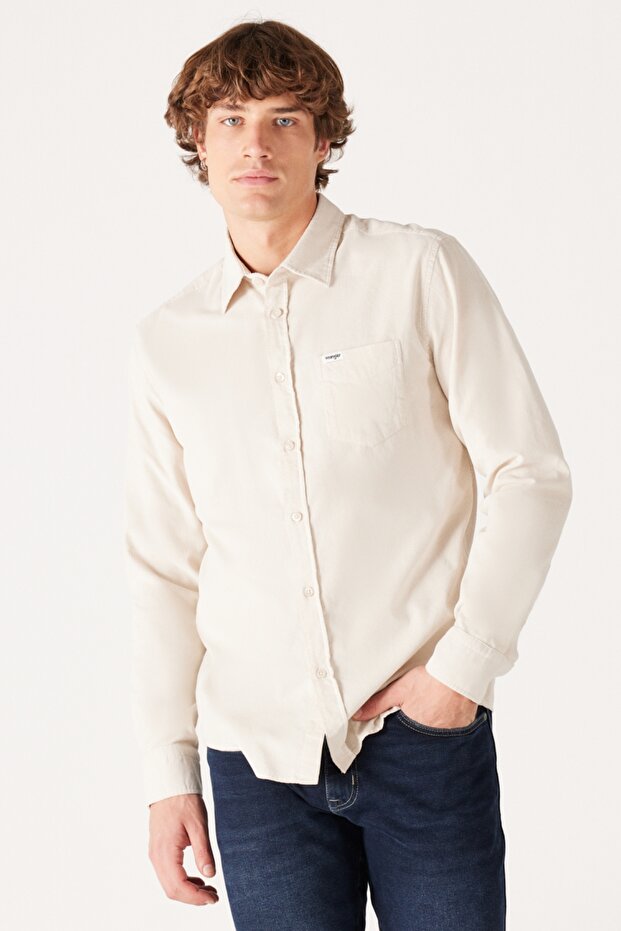 Regular Fit Regular Cut 100% Cotton Velvet Off White Long Sleeve Shirt