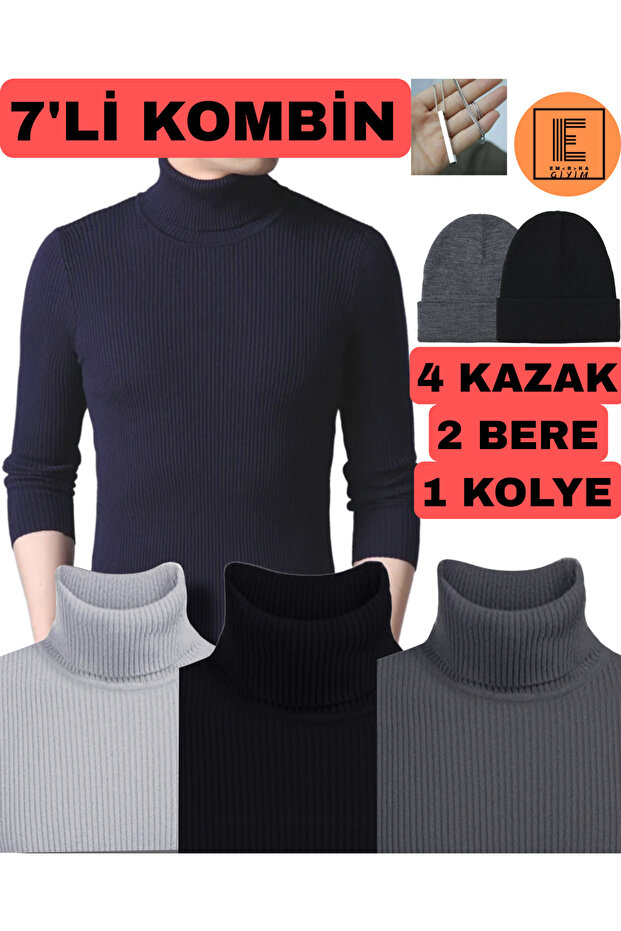 7-Piece Combination Turtleneck Sweater, Beret and Necklace