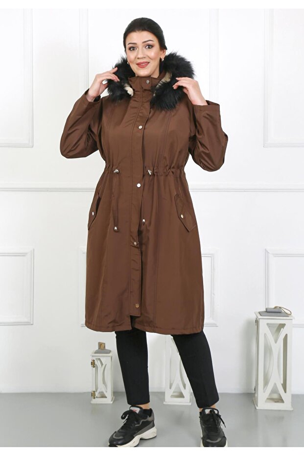 Women's Brown Long Bondite Fabric Curly Inside Large Size Coat