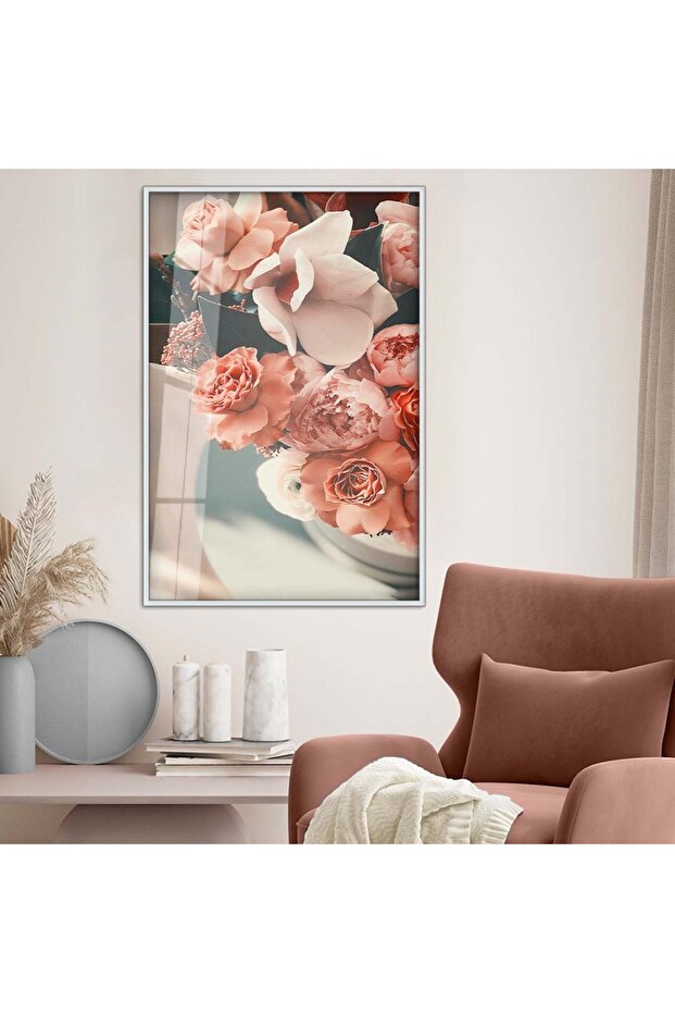 Colorful Flower Bouquet Unbreakable Glass Painting with Silver Metal Frame