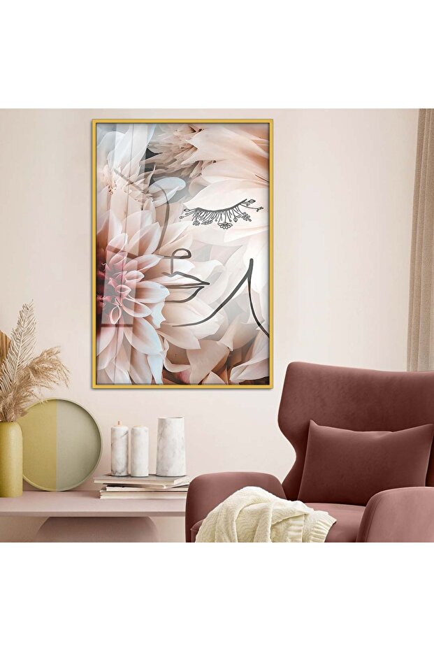 Gold Metal Framed Collage Drawing Flower Pattern Unbreakable Glass Painting