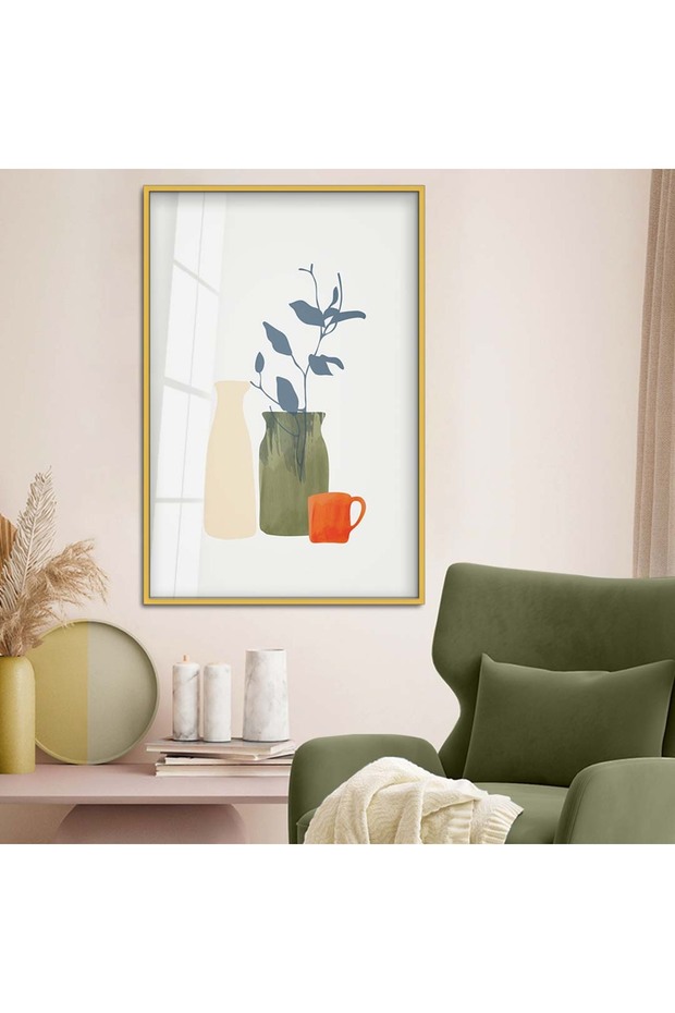 Modern Drawing Vase Theme Unbreakable Glass Painting with Gold Metal Frame