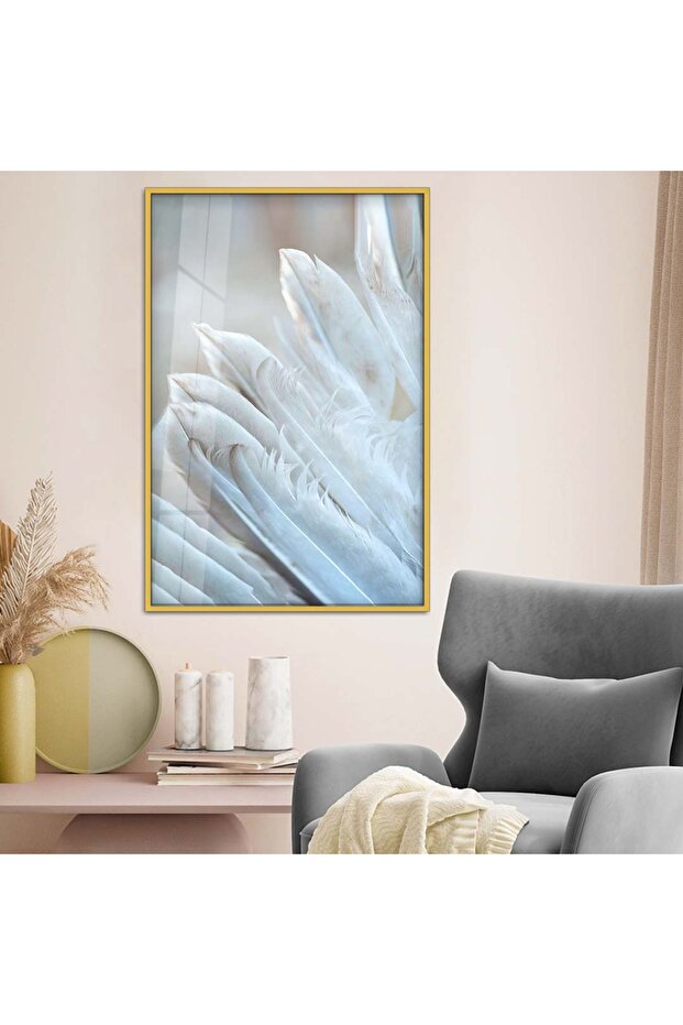 Unbreakable Glass Painting with White Feather in Gold Metal Frame