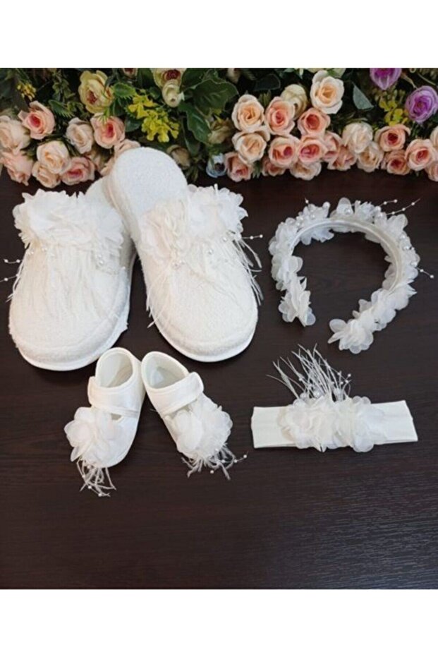 Set of 4 with Maternity Slippers and Crown Feather Pearls