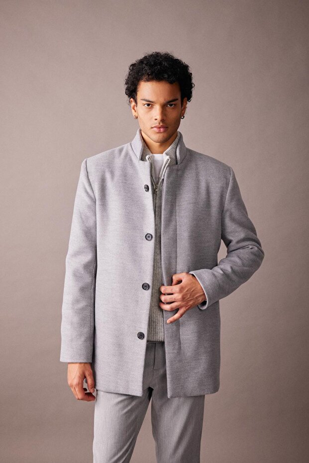 Slim Fit Cashmere Coat Parka Slim Fit Stand Collar Buttoned Pocketed Lined N5811Az23Au