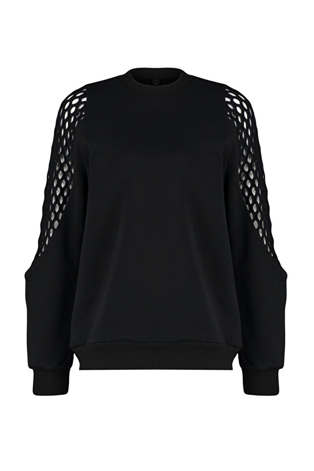 Siyah File Detaylı Kalın İçi Polarlı Regular/Normal Kalıp Örme Sweatshirt TWOAW24SW00134 - 8