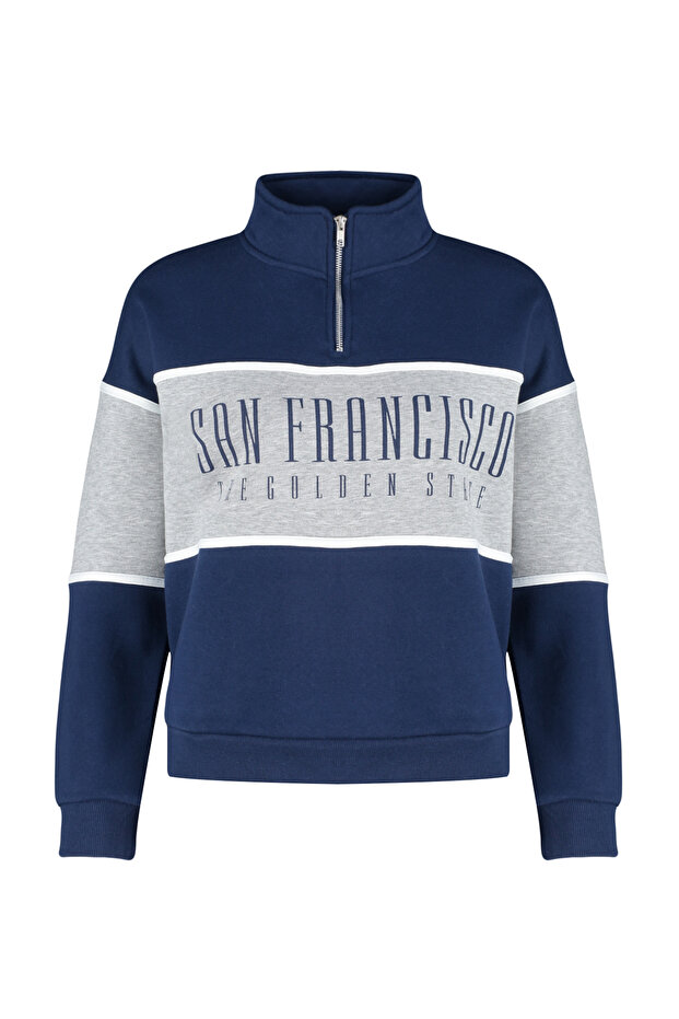 Lacivert Basic Baskılı Kalın İçi Polarlı Örme Sweatshirt TWOAW23SW00117 - 6