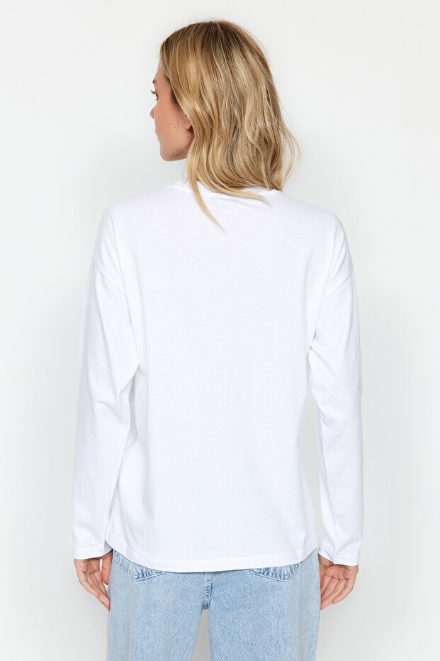 Beyaz %100 Kalın Pamuklu Basic Bisiklet Yaka Oversize/Geniş Kalıp Örme T-Shirt TWOAW24TS00013 - 9