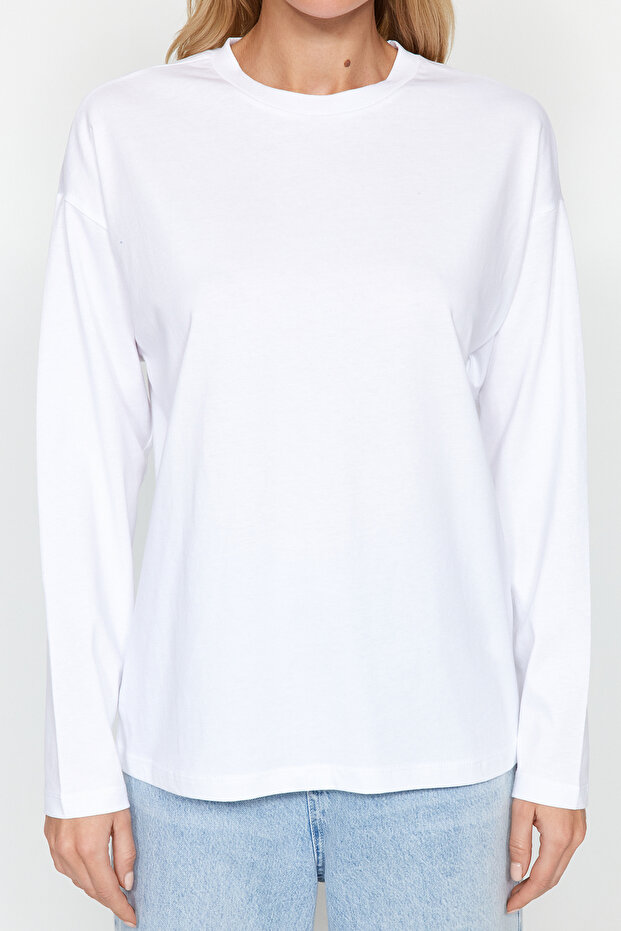 Beyaz %100 Kalın Pamuklu Basic Bisiklet Yaka Oversize/Geniş Kalıp Örme T-Shirt TWOAW24TS00013 - 8