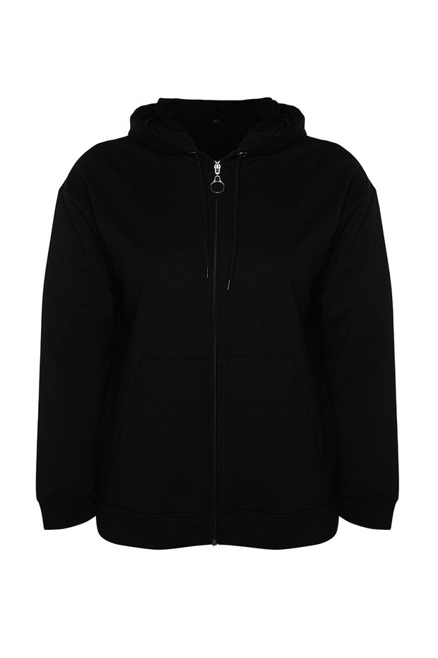 Siyah Kapüşonlu Fermuarlı İnce Örme Sweatshirt TBBSS22SW0169 - 6