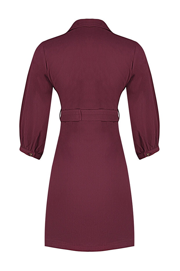 Bordo Kemerli Ceket Mini Düğme Detaylı Dokuma Elbise TWOAW20EL1156 - 8