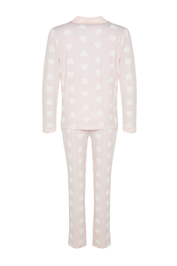 Pudra %100 Pamuklu Kalpli Gömlek-Pantolon Örme Pijama Takımı THMAW24PT00253 - 8