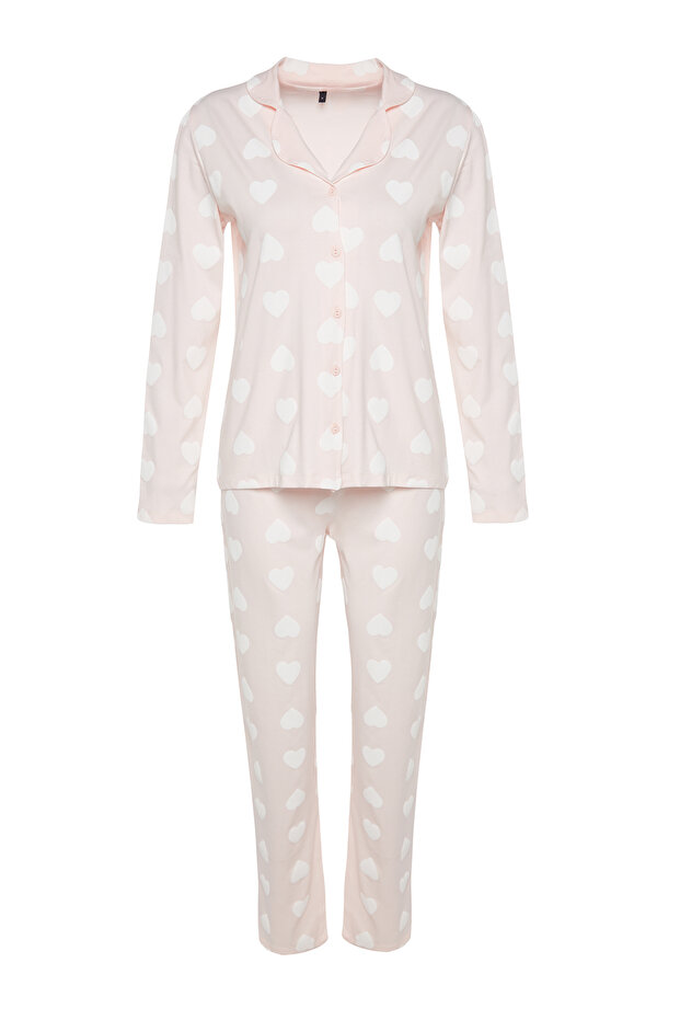 Pudra %100 Pamuklu Kalpli Gömlek-Pantolon Örme Pijama Takımı THMAW24PT00253 - 7