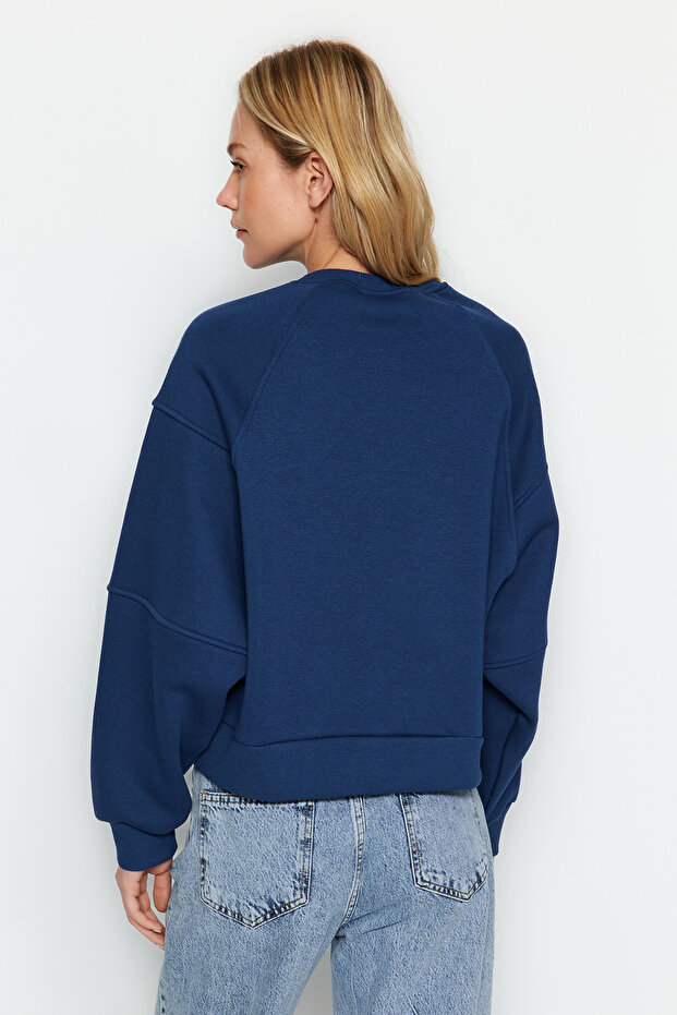 Indigo Bisiklet Yaka Regular Fit Nakışlı Kalın İçi Polarlı Örme Sweatshirt TWOAW24SW00199 - 6