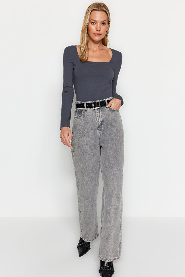 Antrasit Pamuklu Kare Yaka Regular Fit Örme Bluz TWOAW24BZ00016 - 2