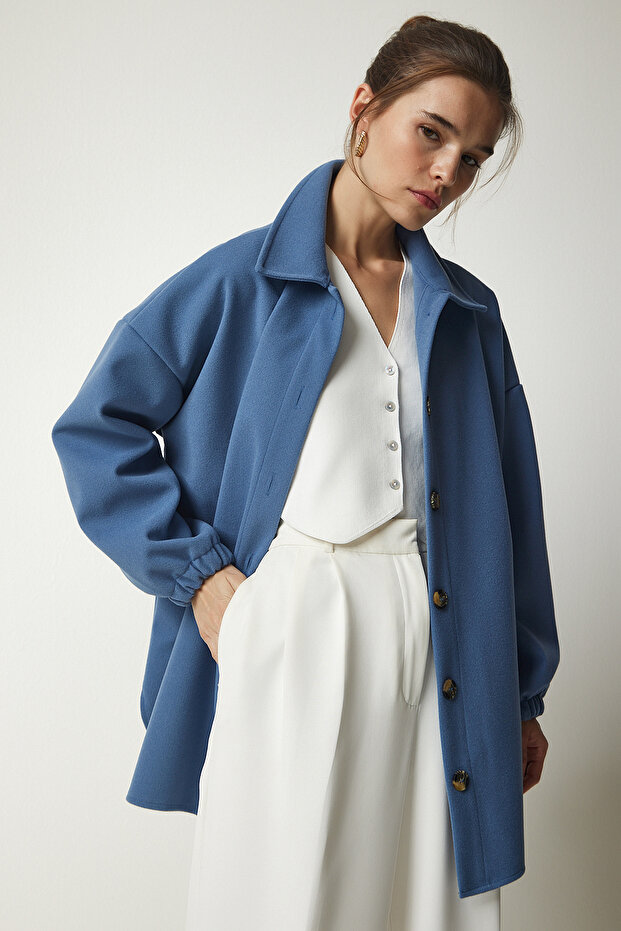 Women's Indigo Blue Buttoned Oversize Shirt Jacket with Pockets DD01263