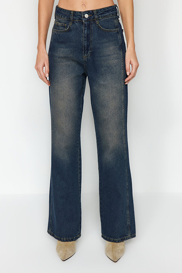 Koyu Mavi Yüksek Bel Geniş Paça Wide Leg Jeans %100 Pamuk Non-Stretch TWOAW24JE00313 - 13