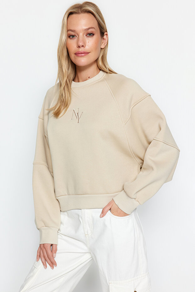 Kamienny dekolt w serek Regularny krój haftowany gruby polar wewnątrz bluza z dzianiny TWOAW24SW00199 - 1