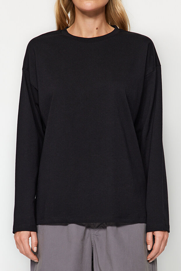 Siyah %100 Kalın Pamuklu Basic Bisiklet Yaka Oversize/Geniş Kalıp Örme T-Shirt TWOAW24TS00013 - 8