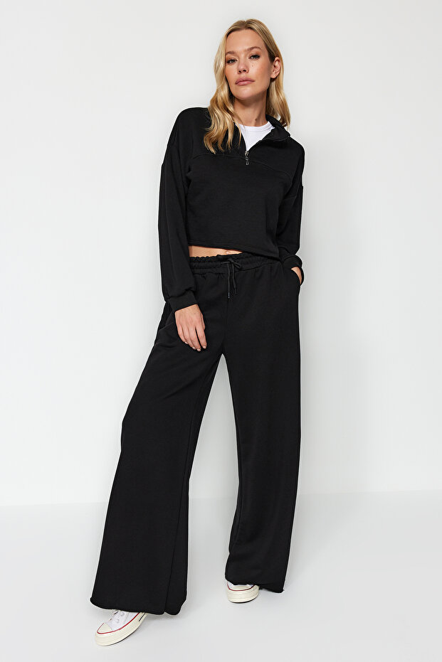 Siyah Kalın Extra Wide Leg Yüksek Bel Örme Eşofman Altı Pantolon TWOAW24EA00043 - 3