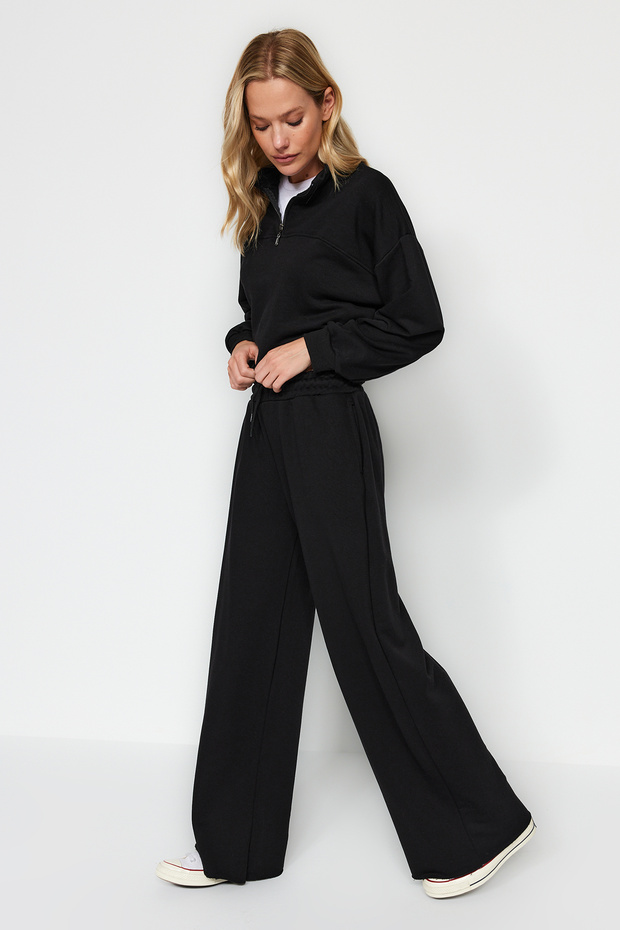 Siyah Kalın Extra Wide Leg Yüksek Bel Örme Eşofman Altı Pantolon TWOAW24EA00043 - 2
