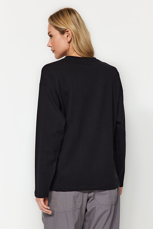 Siyah %100 Kalın Pamuklu Basic Bisiklet Yaka Oversize/Geniş Kalıp Örme T-Shirt TWOAW24TS00013 - 9