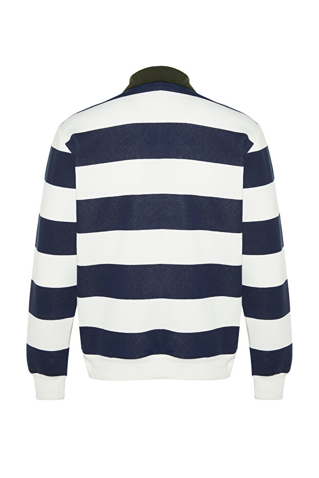 Lacivert Regular/Normal Kesim Polo Yaka Çizgili İçi Polar/Sıcak Tutan Sweatshirt TMNAW24SW00240 - 9