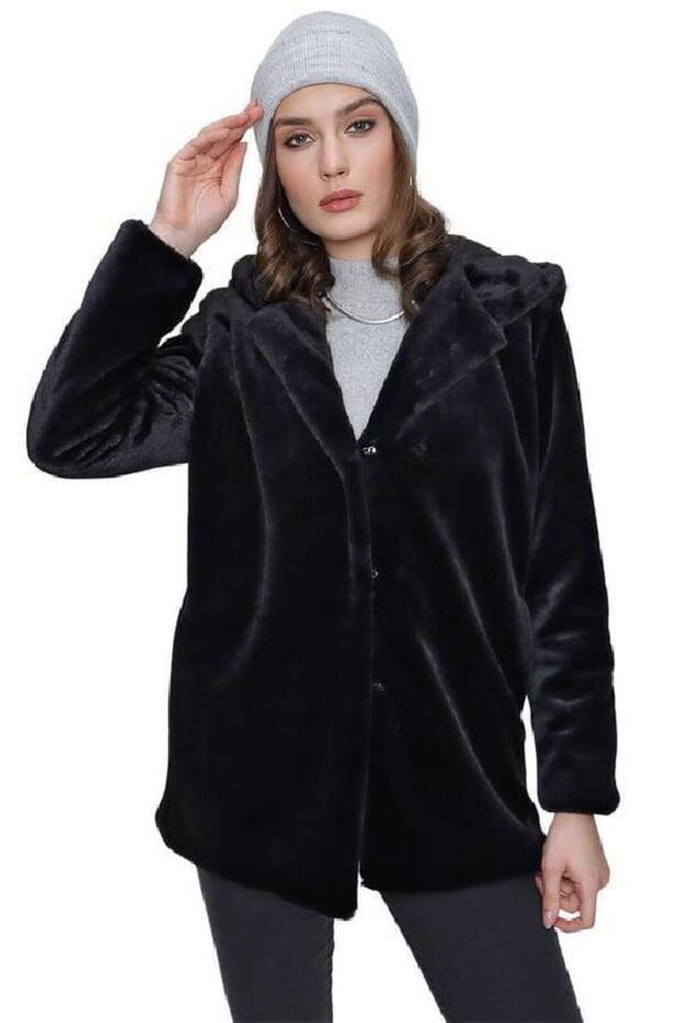 Peluş Kapşonlu Yumoş Kaban - 1