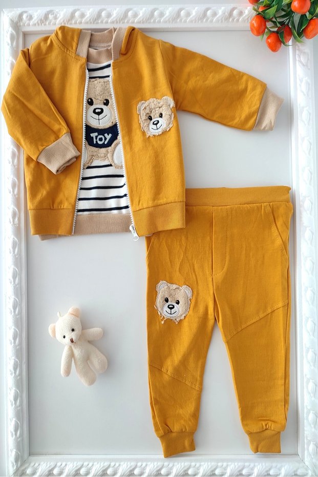Mustard Color Baby Boy 3-Piece Baby Set with Teddy Bear and Hooded Jacket