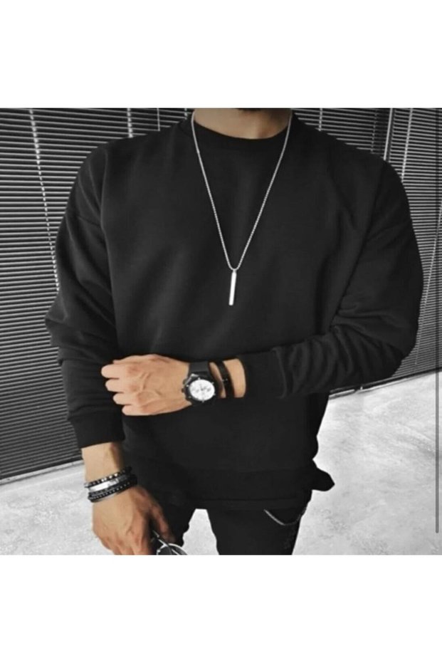 Unisex Plain Black 0-Neck Hooded Unprinted Oversize Sweatshirt