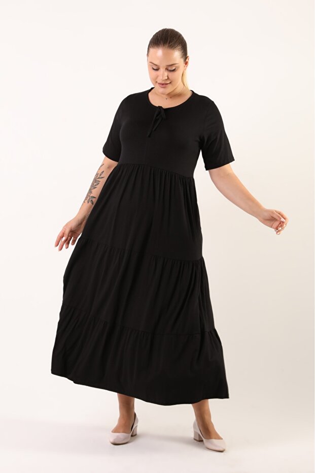women's short sleeve 3-layer ruffle black dress