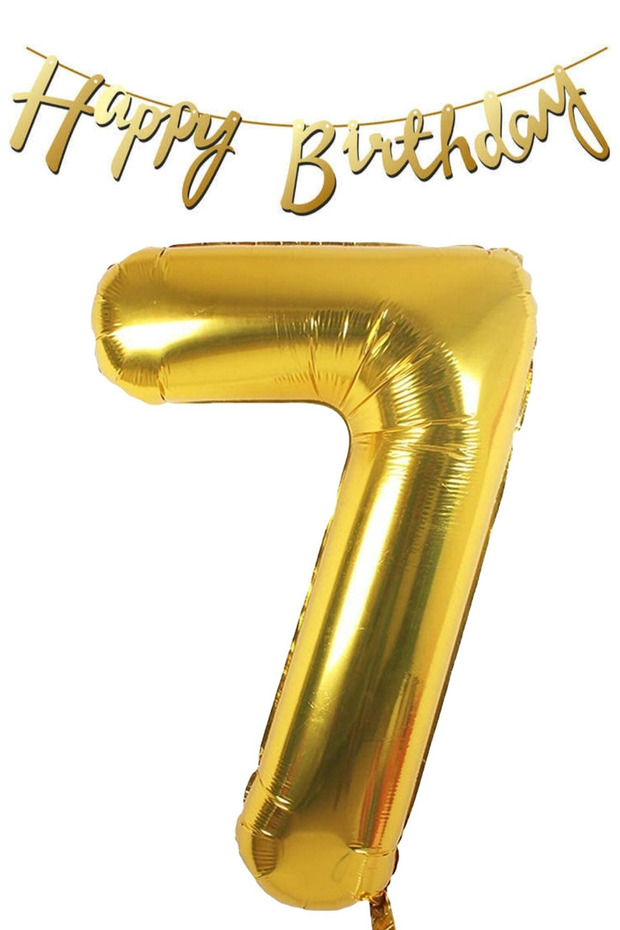 Happy Birthday Written Pennant and 7 Numbers Foil Balloon