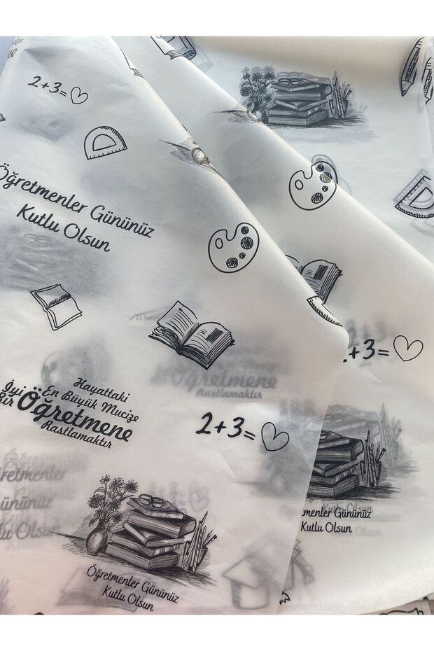 Teacher's Day Themed Black Design Paper / White Background - Packaging Paper - 50 Pieces