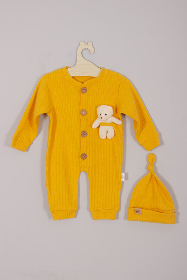 100% Cotton Wooden Buttoned Teddy Bear Baby Rompers with Corded Style Hat
