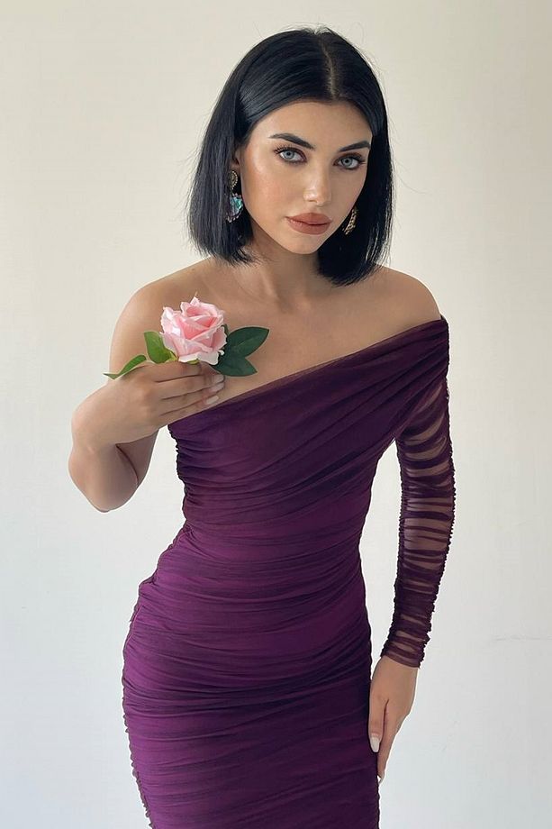 Astarlı Tül Kumaş Tek Kol Detay Slim Fit Dar Kesim Midi Boy Mor Abiye Elbise 109 - 8