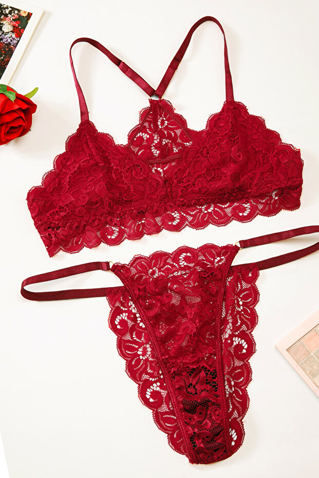 Kadın Bordo Sırtı Dantel ve İp Detaylı Şık Sütyen Külot Takımı - 6