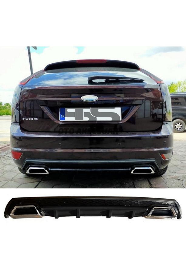 Ford Focus 2 HB Difüzör Arka Tampon Eki 2 Egzoz Çıkışlı Siyah Lüx Tip - 1